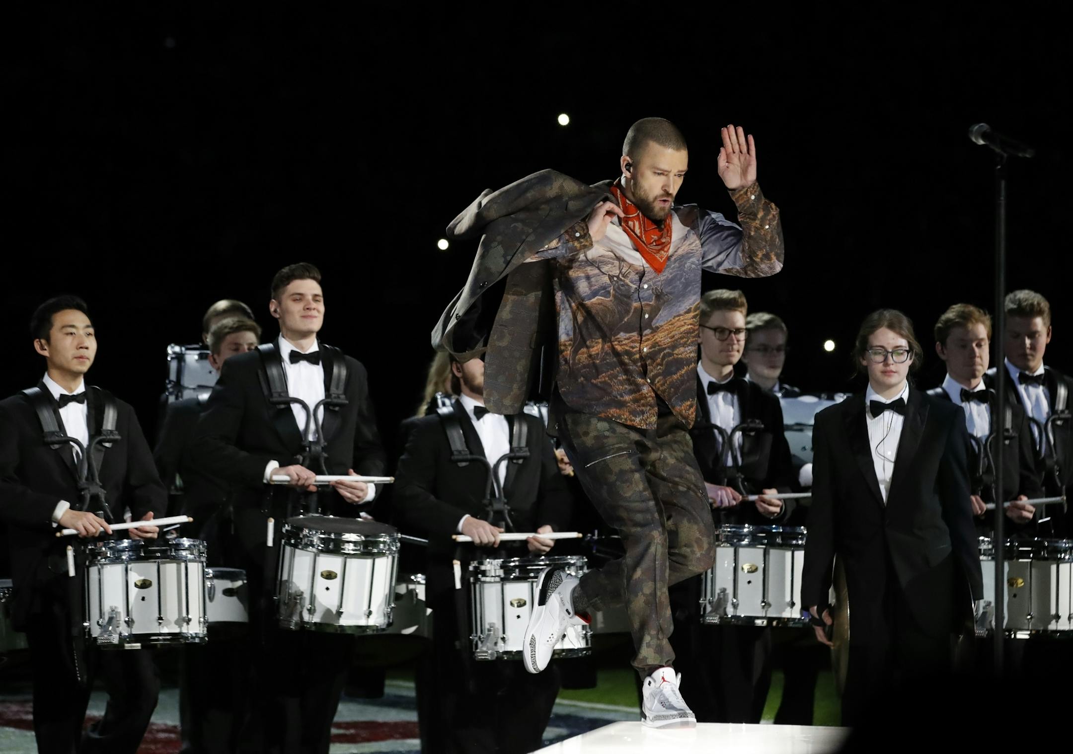 Justin Timberlake showed off some dance moves during the halftime show of Super Bowl LII at U.S. Bank Stadium.