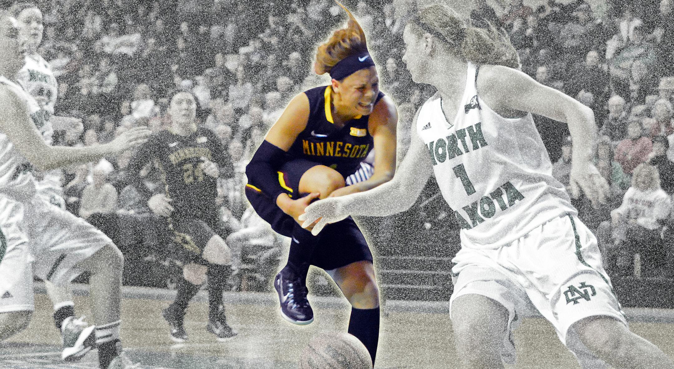 Gophers&#x201a;&#xc4;&#xf4; women&#x201a;&#xc4;&#xf4;s basketball star Rachel Banham suffered an apparent knee injury midway through the first half Wednesday night in Grand Forks. Photo: Special to the Star Tribune by Russell Hons.