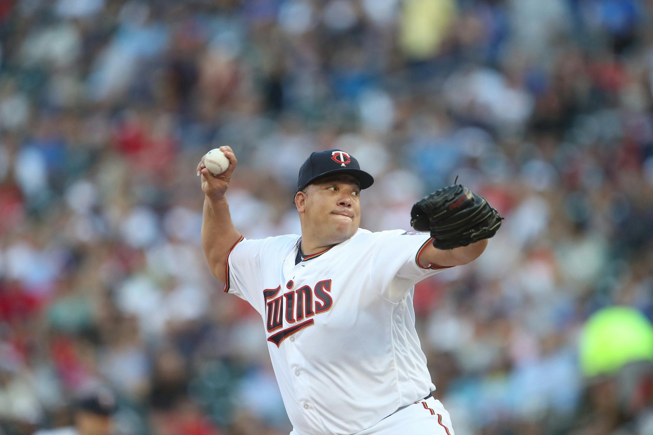 Twins starting pitcher Bartolo Colon through a pitch in the first inning against the New York Yankees at Target Field Tuesday July 18, 2017 in Minneapolis, MN. ] JERRY HOLT &#xef; jerry.holt@startribune.com