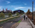 Before and after renderings of the proposed Samatar Crossing, which would replace a freeway ramp near Cedar-Riverside.
