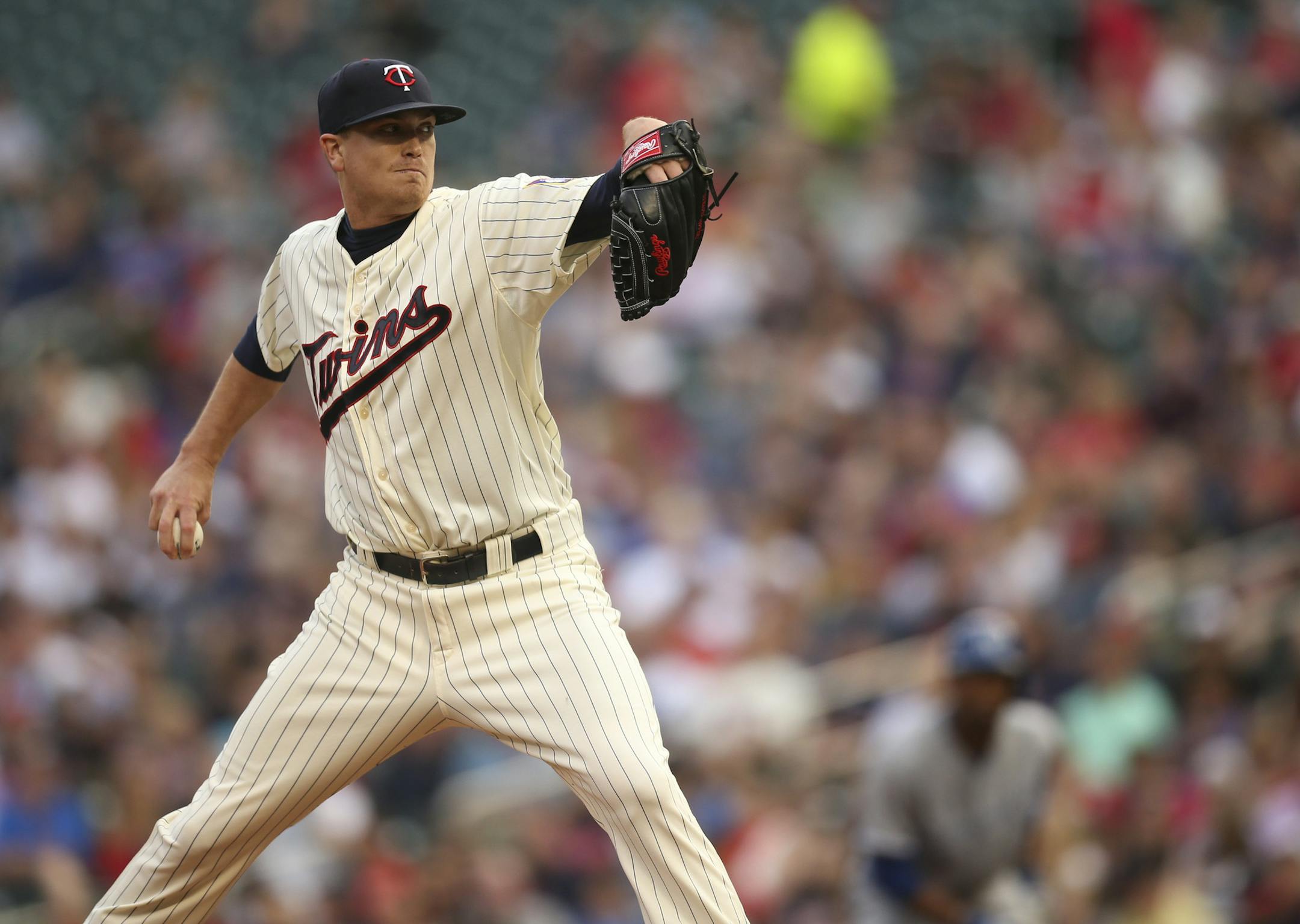Minnesota Twins starting pitcher Kyle Gibson (44) throwing in the first inning, when he gave up four runs, including a three run homer Wednesday night at Target Field. ] JEFF WHEELER &#xef; jeff.wheeler@startribune.com The Minnesota Twins faced the Kansas City Royals Wednesday night, June 10, 2015 at Target Field in Minneapolis.