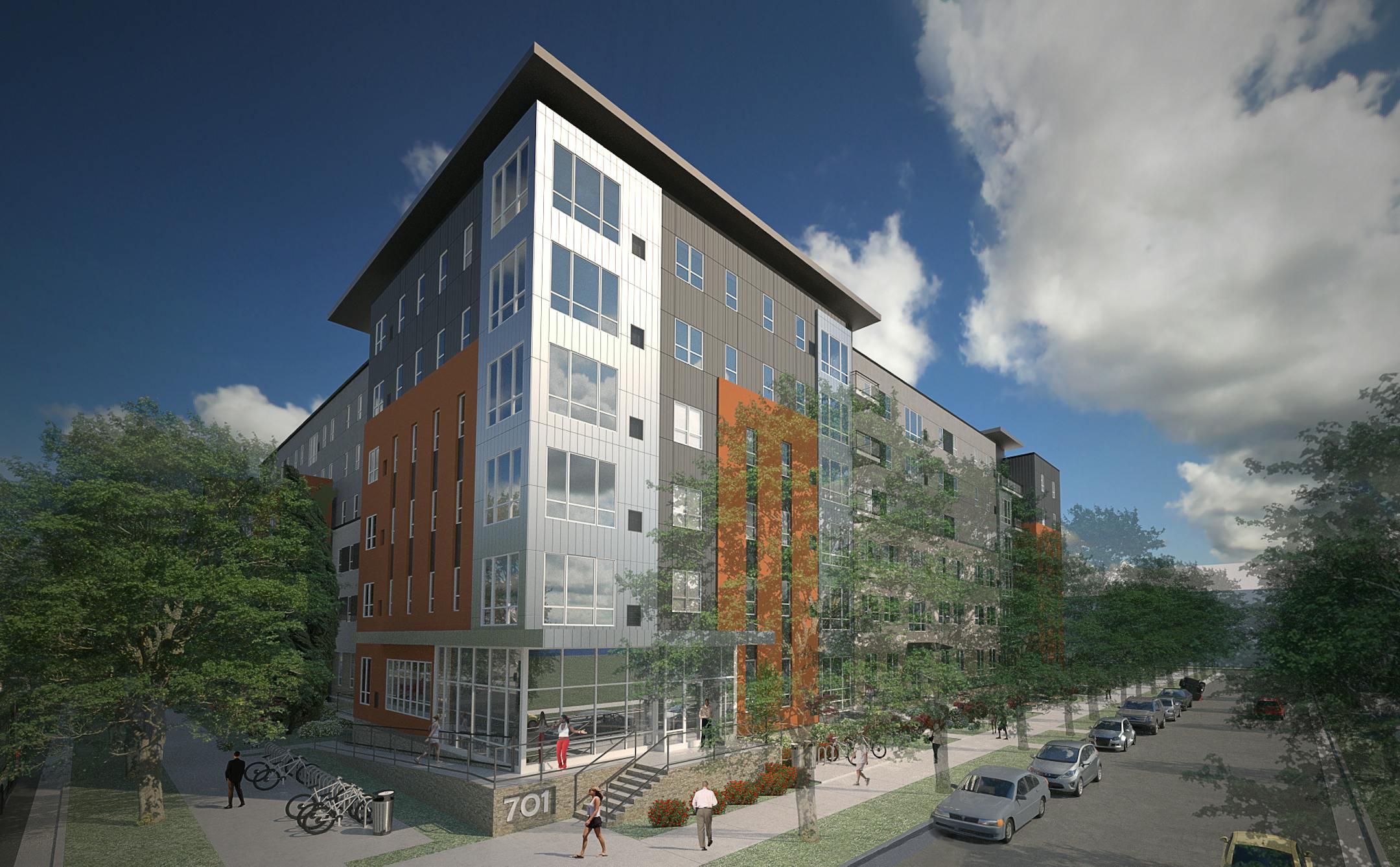 The Rollins Court condominiums, just 12 years old, will be demolished to make way for CPM's apartment complex along 15th Av. SE in Minneapolis. The 701 15th Av. project, with 202 apartments, will embrace a ‚ÄúMinnesota lake living concept.‚Äù credit: Cuningham Group Architecture, Inc.