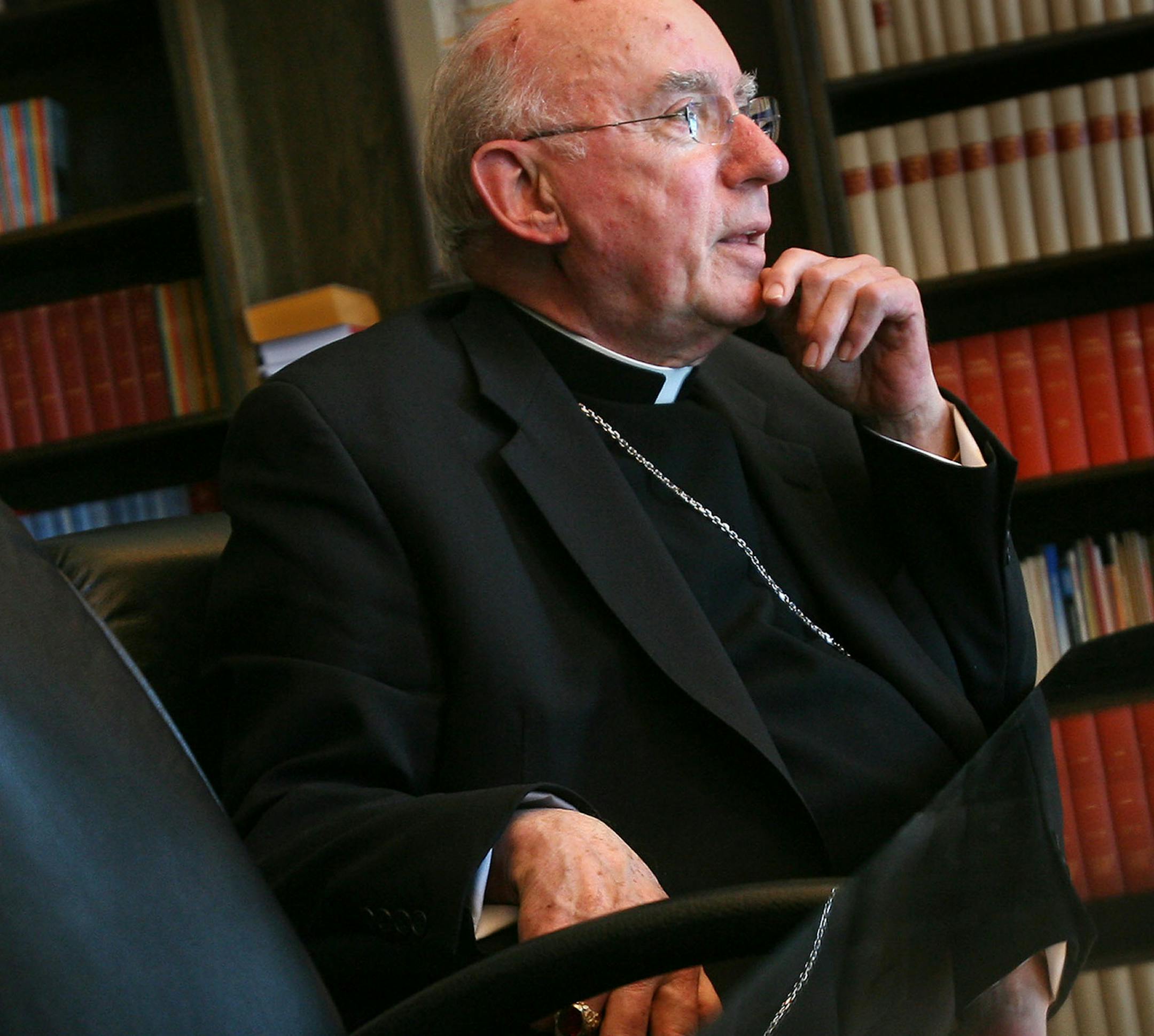 DAVID JOLES • djoles@startribune.com
St. Paul, MN - Feb. 14, 2007 - Archbishop Harry Flynn of the Archdiocese of St. Paul and Minneapolis spoke about lent and other issues during a recent interview at the Chancery, Archdiocese of St. Paul and Minneapolis. Flynn said he believes it is important for believers to reach out more to those in need. "What are we all about?" Flynn asked. He answered: "Jesus Christ," a question and answer Flynn said that if applied to solving conflict would benefi