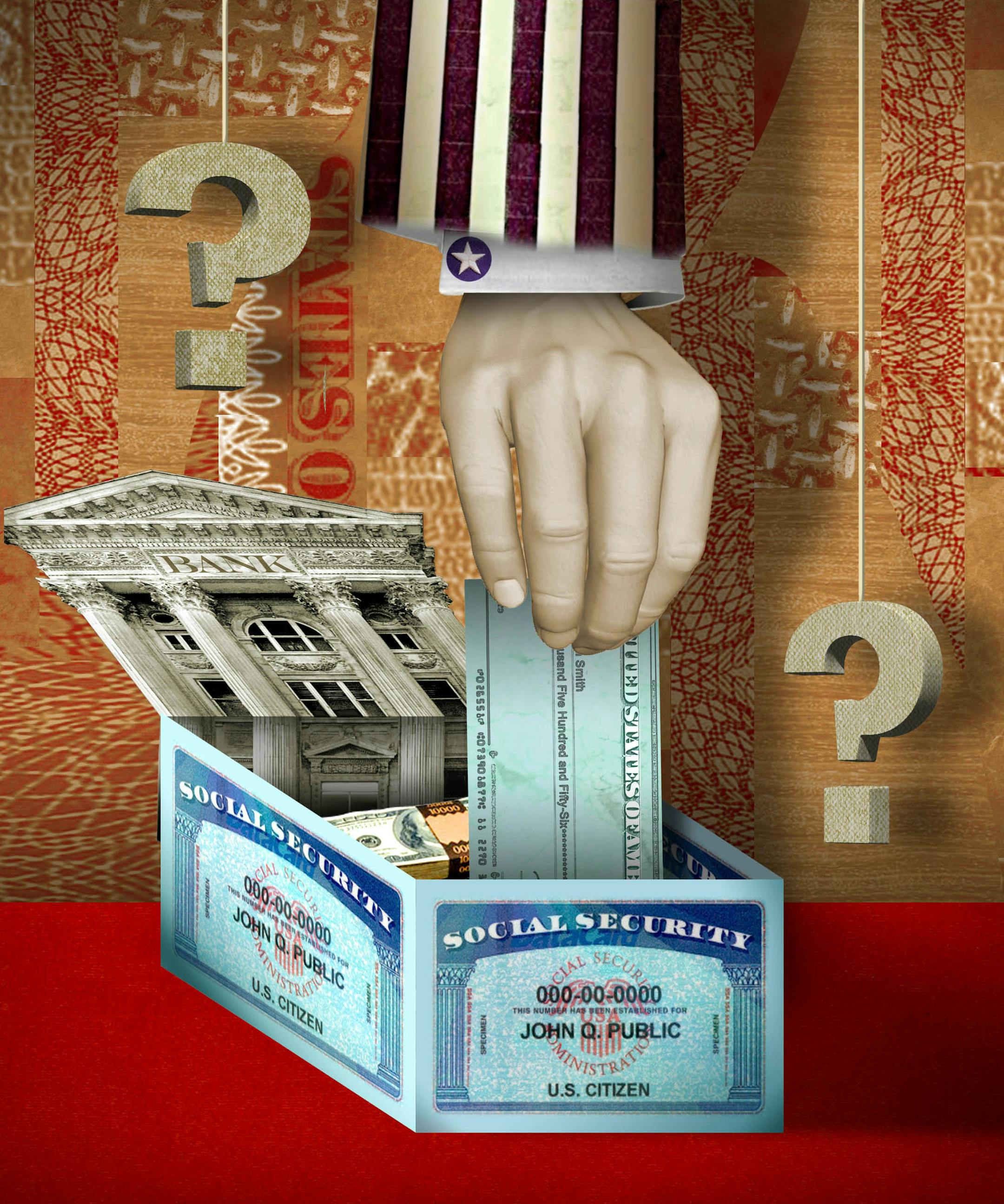 300 dpi Rick Nease illustration of Uncle Sam hand depositing check into a bank account representing Social Security. Detroit Free Press 2011<p> krtnational national; krt; krtcampus campus; mctillustration; 04018000; 09011002; FIN; krtlabor labor; LAB; pension; wage; krtnamer north america; u.s. us united states; USA; bank; check; de contributed nease; uncle sam; 2011; krt2011