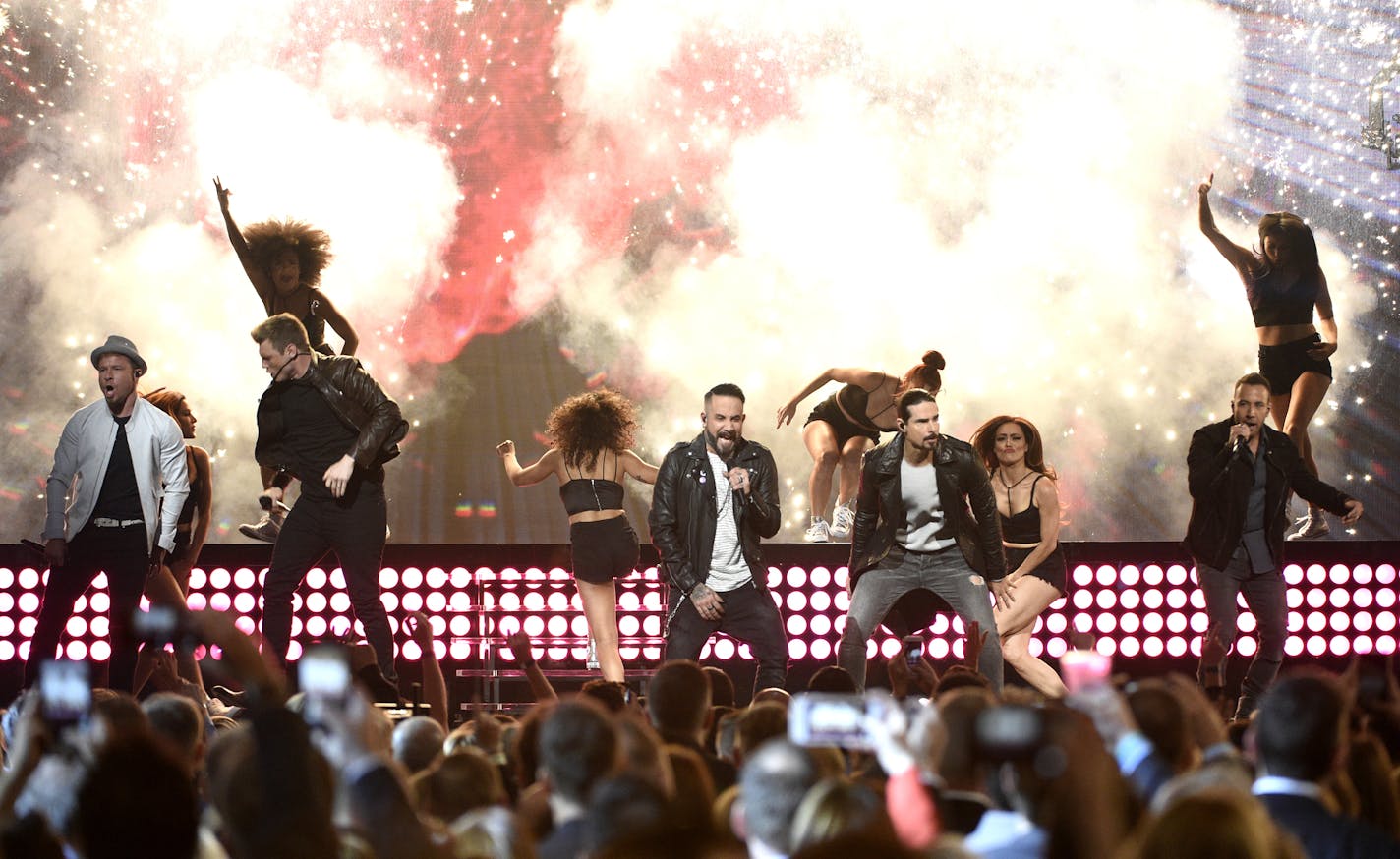 Brian Littrell, from left, Nick Carter, AJ McLean, Kevin Richardson, and Howie Dorough, of Backstreet Boys, perform at the 52nd annual Academy of Country Music Awards at the T-Mobile Arena on Sunday, April 2, 2017, in Las Vegas. (Photo by Chris Pizzello/Invision/AP)