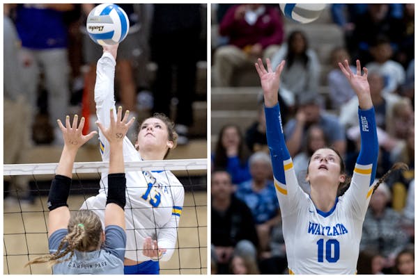 Olivia (left) and Stella Swenson, twin sisters from Wayzata, make up 40% of the finalists for Ms. Volleyball.