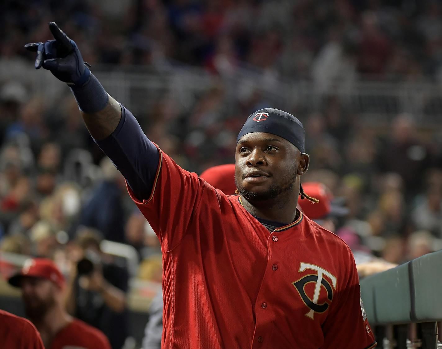 Minnesota Twins third baseman Miguel Sano gestures to fans after hitting a solo home run in the seventh inning against the Arizona Diamondbacks on Friday, Aug. 18, 2017, at Target Field in Minneapolis. Sano has been placed on the 10-day disabled list with a stress reaction in his left tibia. (Aaron Lavinsky/Minneapolis Star Tribune/TNS) ORG XMIT: 1209250