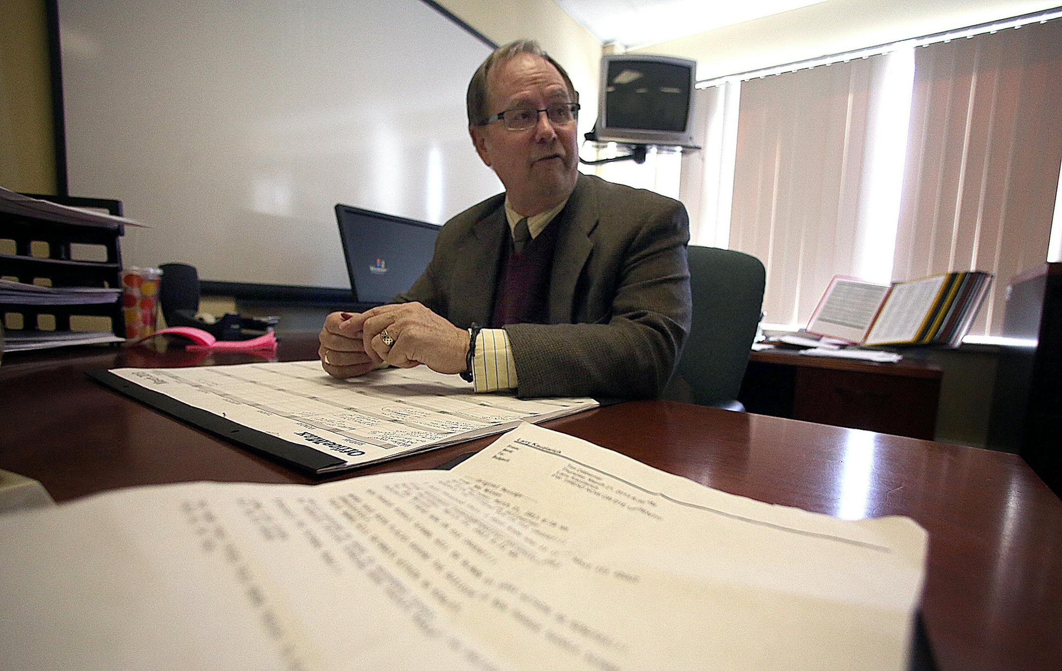 New Prague Middle Schools superintendent Larry Kauzlarcih discussed the recent bomb threat against the middle school that was received via email (printed out in foreground). ] (JIM GEHRZ/STAR TRIBUNE) / March 21, 2013 / 10:00 AM New Prague, MN ‚Äì BACKGROUND INFORMATION: A bomb threat was sent to the New Prague Middle School via email according to Superintendent Larry Kauzlarich. Students were evacuated from the school until the all clear was given.
