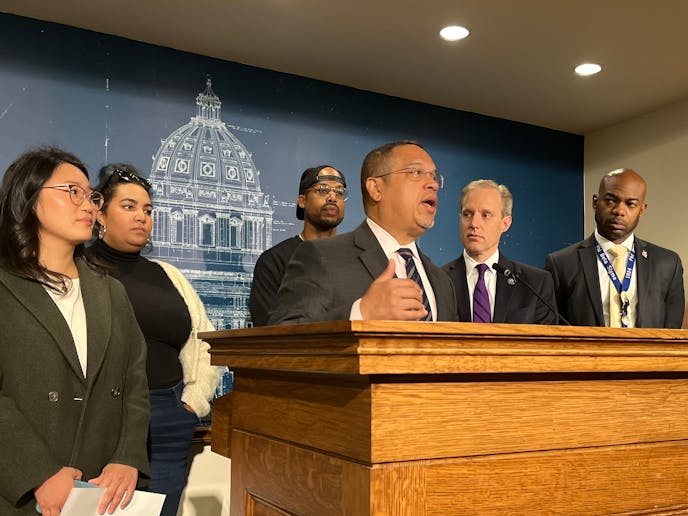 Minnesota Attorney General Keith Ellison speaks at a news conference touting the success of a new law that extends voting rights to residents on felony parole and probation at the state Capitol on Monday, May 19, 2025.