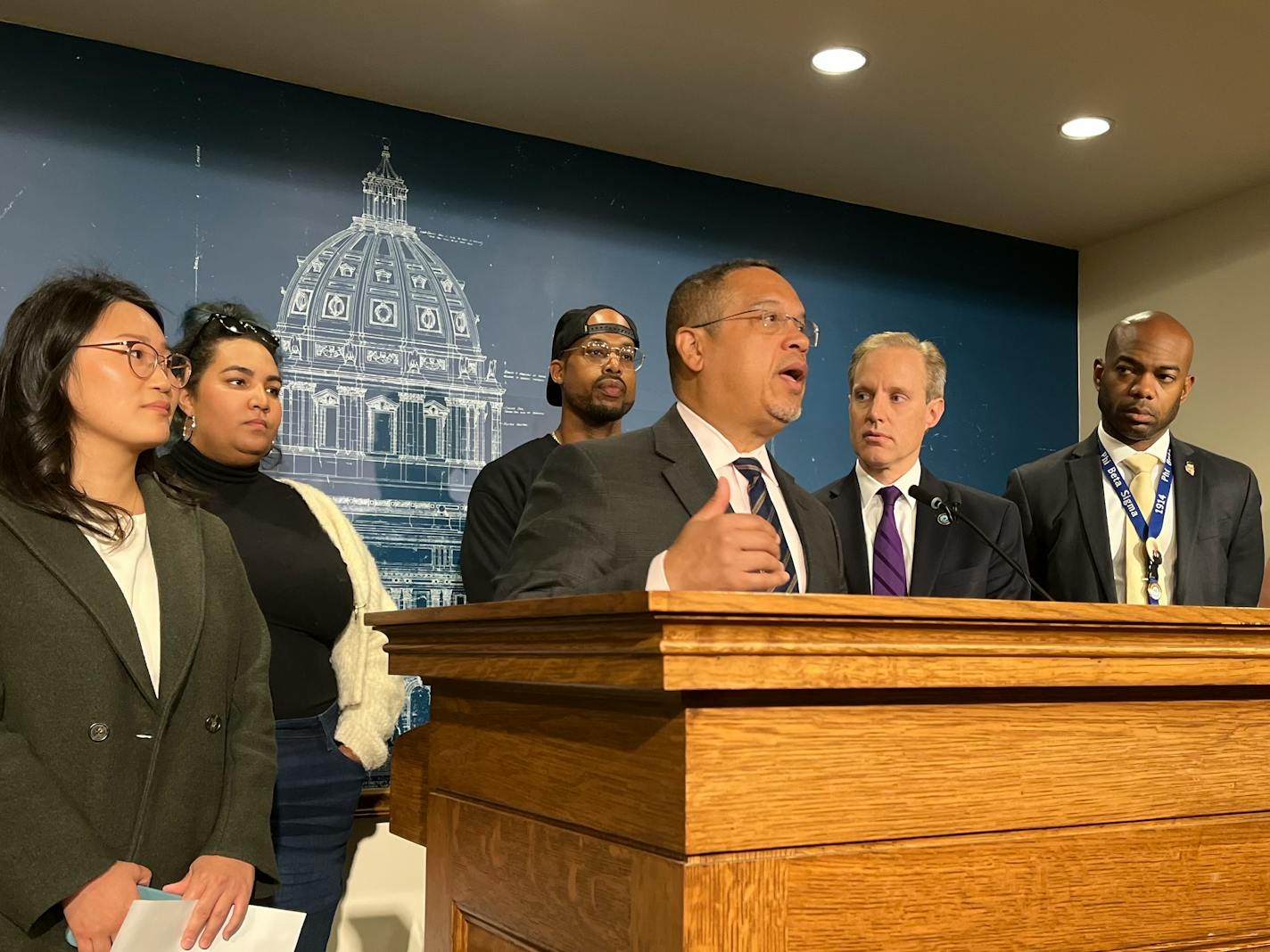 Minnesota Attorney General Keith Ellison speaks at a news conference touting the success of a new law that extends voting rights to residents on felony parole and probation at the state Capitol on Monday, May 19, 2025.