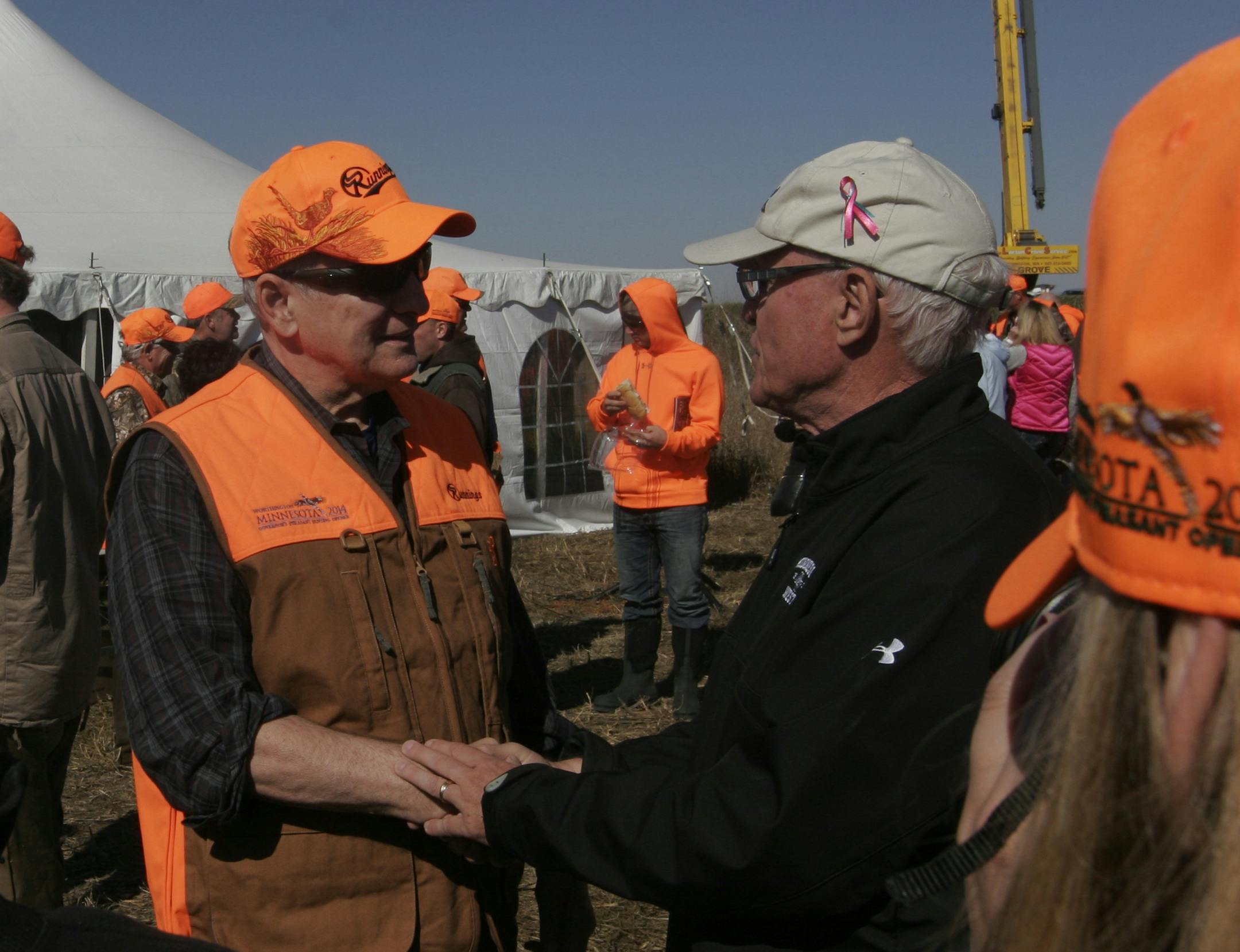 Gov. Mark Dayton greeted people during lunch Saturday at a state Wildlife Mangement Area near Worthington, site of this year's Governor's Pheasant Opener. Doug Smith/Star Tribune; Oct. 11, 2014.