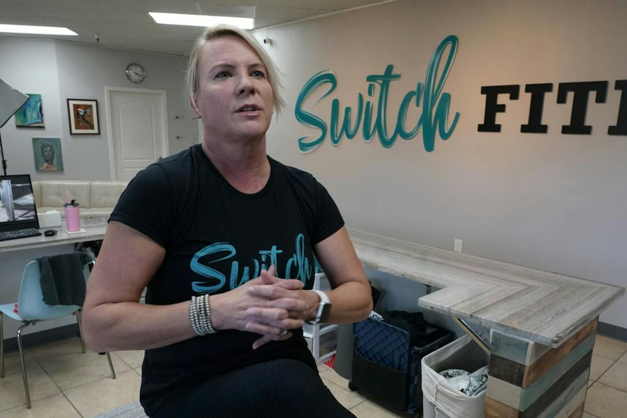 D' Lee Daleo was critical of California Gov. Gavin Newsom as she discusses his attendance at a birthday party that broke the very rules he has been preaching to slow the spread of the coronavirus, at the Switch Fitness center in Elk Grove, Calif., Monday, Nov. 16, 2020. Newsom apologized for attending the party, Nov. 6 with a dozen friends at the pricy French Laundry restaurant in Napa. Daleo, co-owner of Switch Fitness said it "shows they're elitist and we're just little peons who are supposed