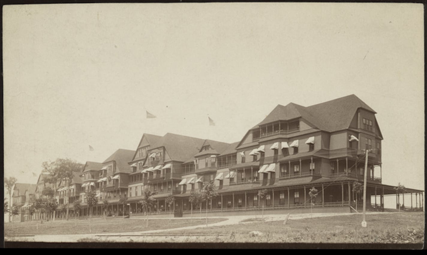 Hotel Lafayette in Minnetonka Beach in1883, via the Minnesota Historical Society. The hotel, the largest on Lake Minnetonka at the time, was built by railroad executive James J. Hill and overlooked Lafayette and Crystal Bays. It attracted celebrities and two presidents before it burned down in 1897. ORG XMIT: Documentation