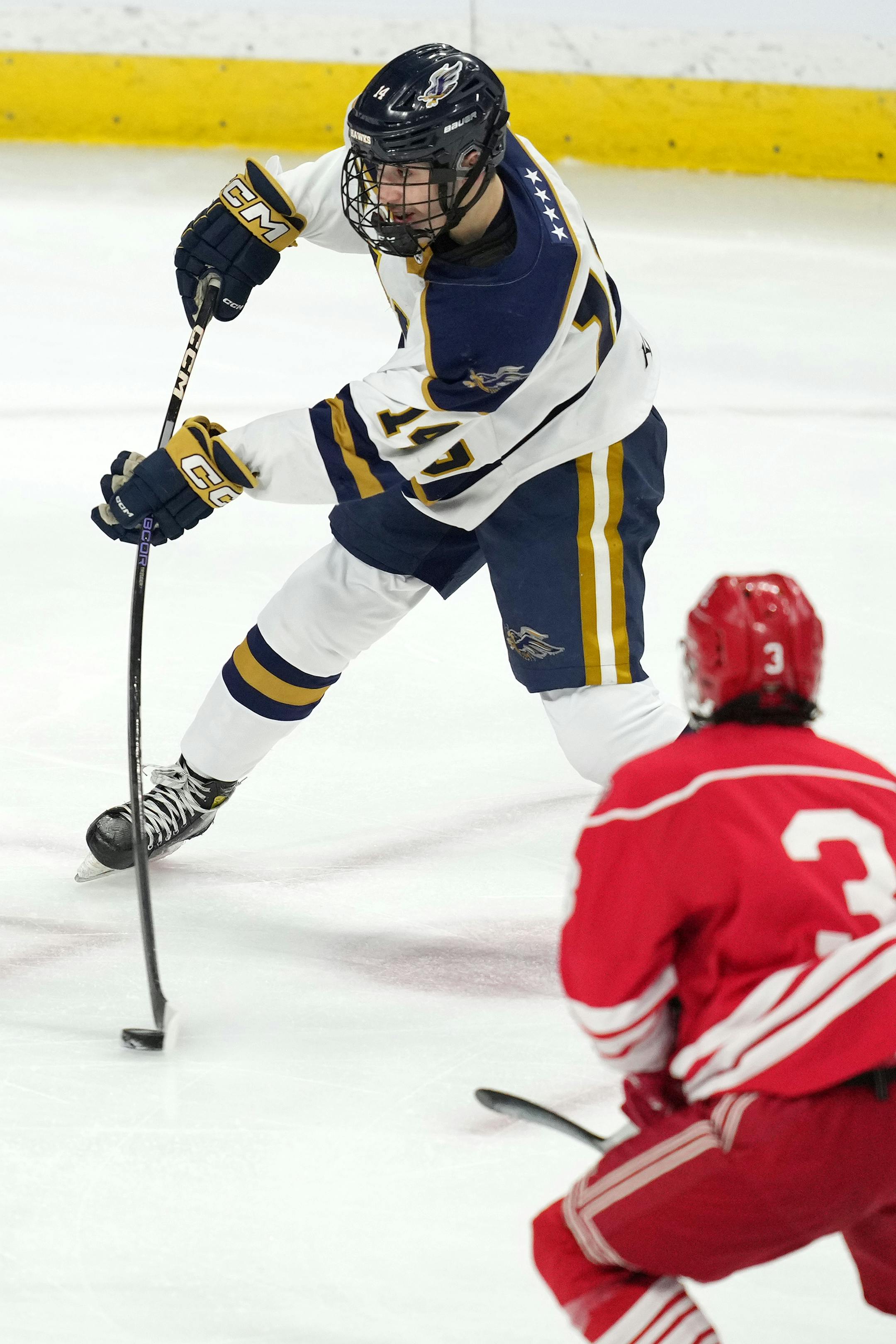 Hermantown forward Aaron Evjen (14) takes a shot in the first period of a MSHSL Class 1A quarterfinal hockey game between Luverne and Hermantown.