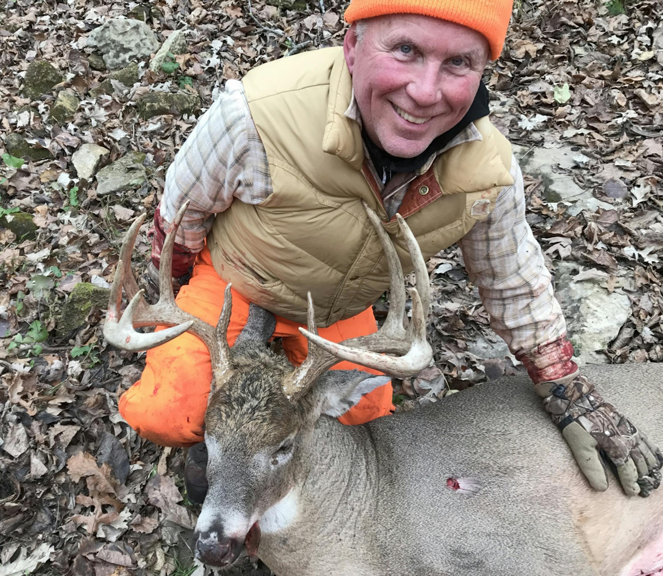 Dennis Yockers of Minnetonka sat down on the ground next to a tree on private land 3 miles south of Bratsberg in Fillmore County. He was 30 yards up on a point of land, above a configuration of deer trails that funneled toward him. Yockers knew what he was doing. At 1:30 in the afternoon on Nov. 6, this 11-point buck appeared on a trail to his right. The deer dipped down and then walked straight up, only 20 yards away from the end of the hunterís Remington shotgun slug barrel. The inside sp