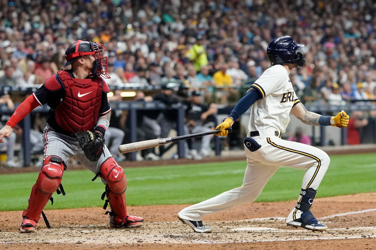 Milwaukee Brewers' Brice Turang hits an RBI single during the sixth inning of a baseball game against the Minnesota Twins Tuesday, Aug. 22, 2023, in Milwaukee. (AP Photo/Morry Gash)