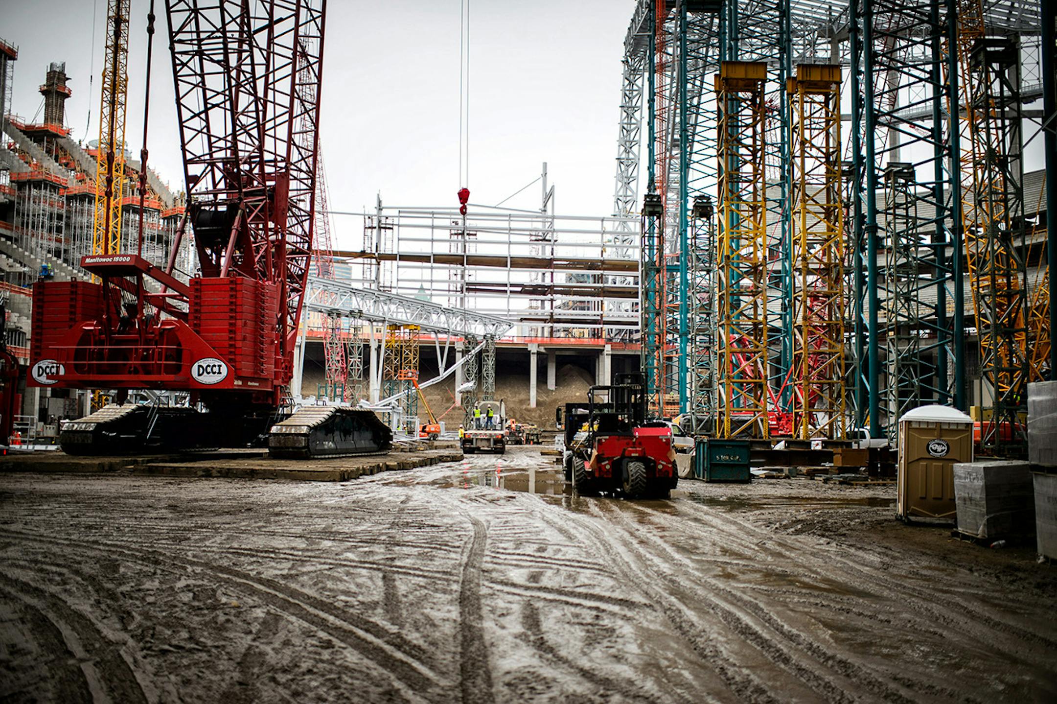 The new Vikings stadium led screen will be mounted on the frame in the center of the photo. Thursday, May 14, 2015 Construction update of the new Vikings stadium, Minneapolis, MN
