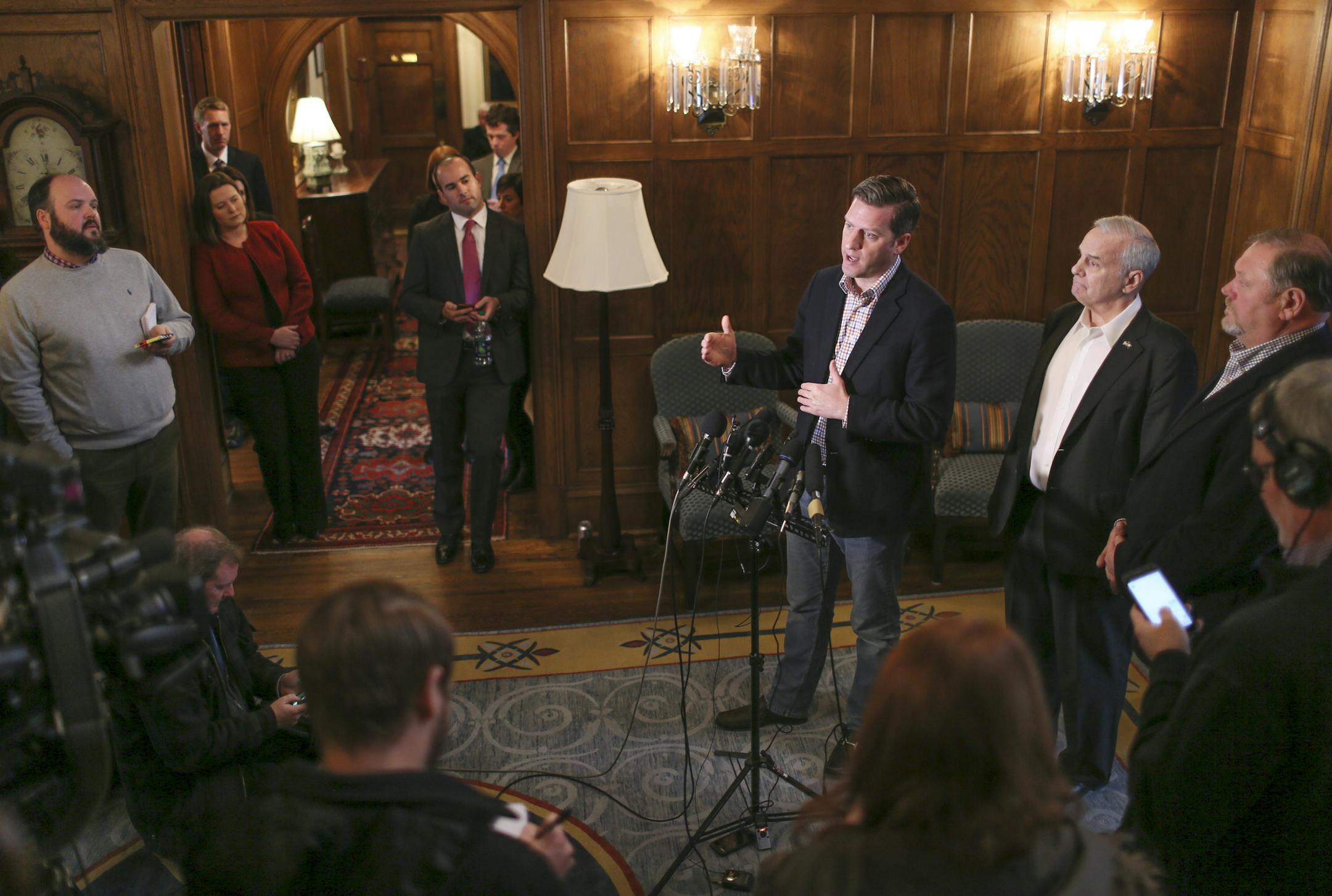 Gov. Mark Dayton and legislative leaders still haven't come to an agreement on the need for a special session. Governor Dayton, Republican House Speaker Kurt Daudt (left) and Senate Majority Leader Tom Bakk (right) emerged from a Thursday meeting? with no clear path forward. Republican House Speaker Kurt Daudt says he thinks it can wait until the Legislature returns March 8. ] Brian.Peterson@startribune.com St. Paul, MN - 01/21/2016