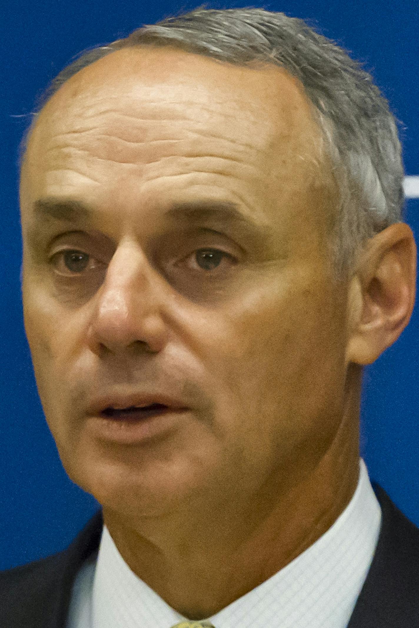 Baseball commissioner Rob Manfred speaks during a press conference after his first owners' meeting as baseball commissioner, Thursday, May 21, 2015, in New York. (AP Photo/Bebeto Matthews) ORG XMIT: NYBM105