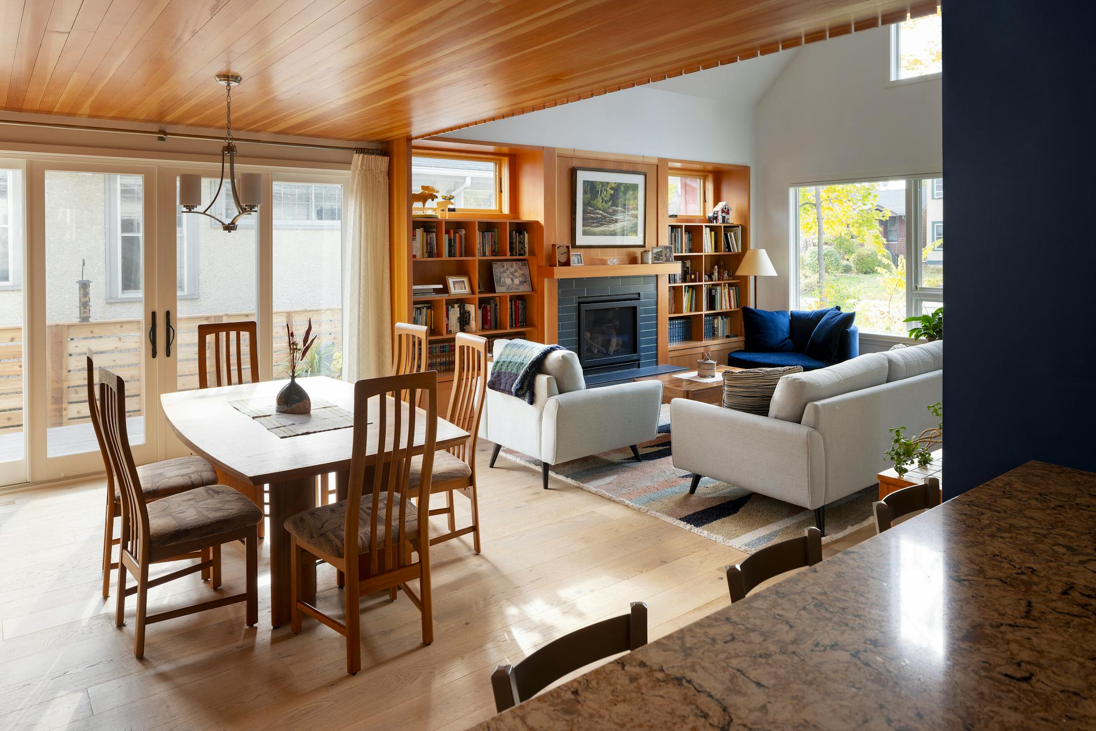 A grandmother wanted to be closer to her grandchildren, so she built a house in south Minneapolis right across the street from them. She wanted a small footprint that kept aging in place — and play spaces for the grandkids — in mind. The result is an energy-efficient house that also gives a nod to the homeowner’s Swedish heritage with a red exterior, decorative railings, richly stained woods and a blue tile fireplace surround. Meanwhile, a skylit loft serves as a playroom for the grandkids in this modern take on traditional Scandinavian design.