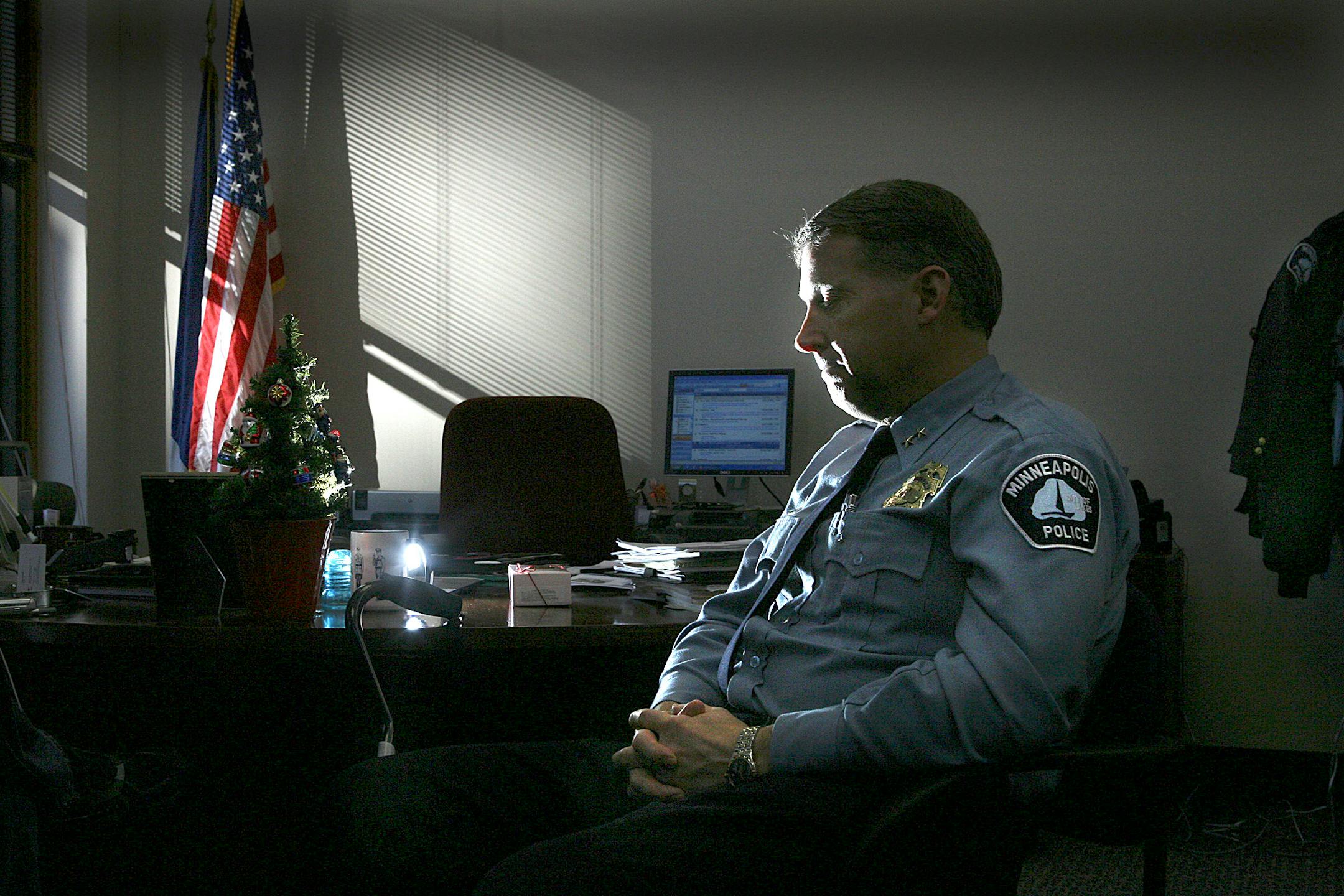 Minneapolis Police Chief Tim Dolan reflected on the events that have occurred during his first year in office, including successful crime fighting efforts, the 35W bridge collapse and response, and a lawsuit filed against the department by five top-ranking African-American officers.