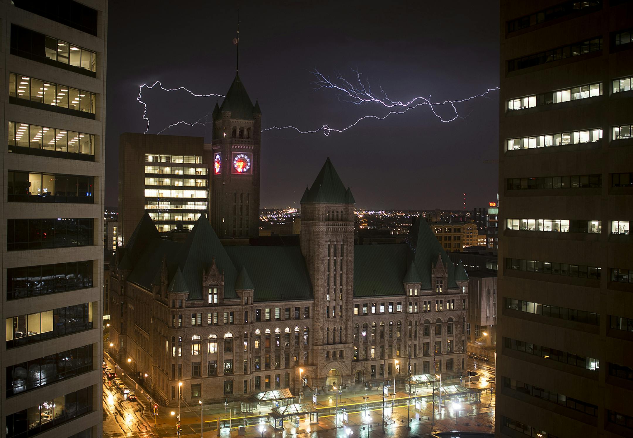 Lightning illuminates the sky over downtown Minneapolis on Wednesday, April 1, 2015. ] (Aaron Lavinsky | StarTribune)