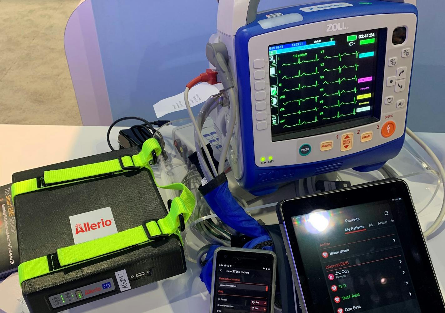 Duluth-based Allerio makes a portable broadband transmitter, shown at left attached to an EKG monitor on the right, that emergency responders can use to transmit heart data and other information to hospitals.