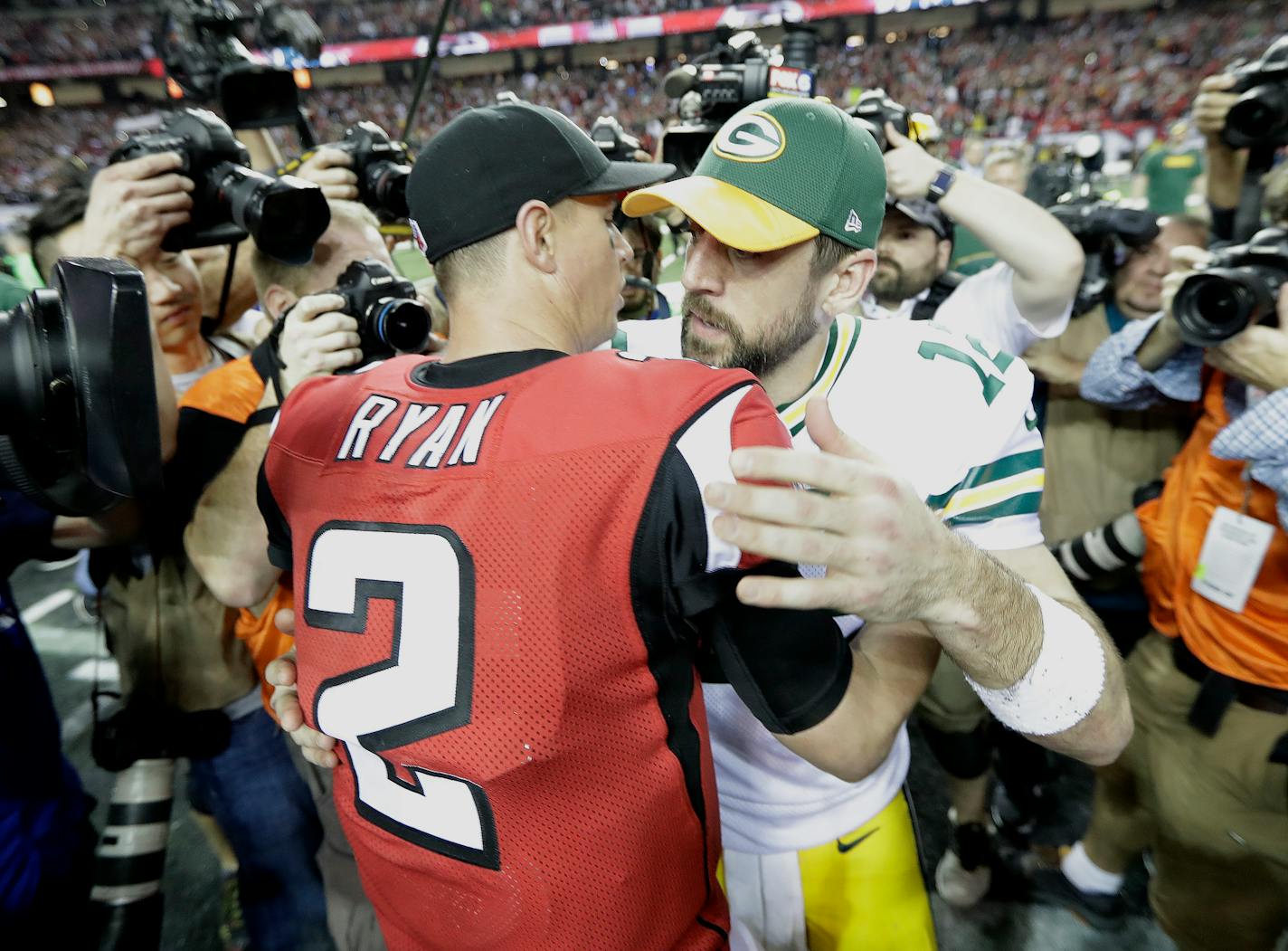 Packers quarterback Aaron Rodgers talked to Falcons counterpart Matt Ryan after the NFC Championship Game in January 2017. The Packers were 5-6 that season but won their next seven games to make it that far before losing 44-21 at Atlanta.