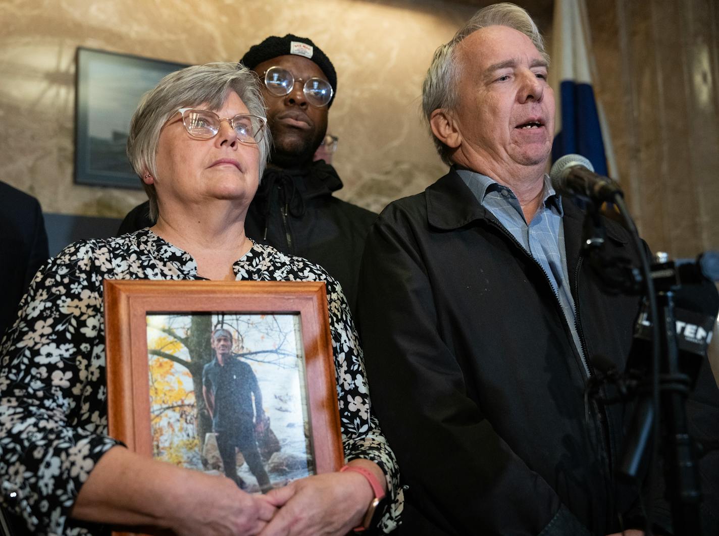 The family of Tekle Sundberg, including parents Cindy and Mark, speak during a press conference inside the Ramsey County Courthouse in Saint Paul, Minn., on Thursday, Nov. 16, 2023.