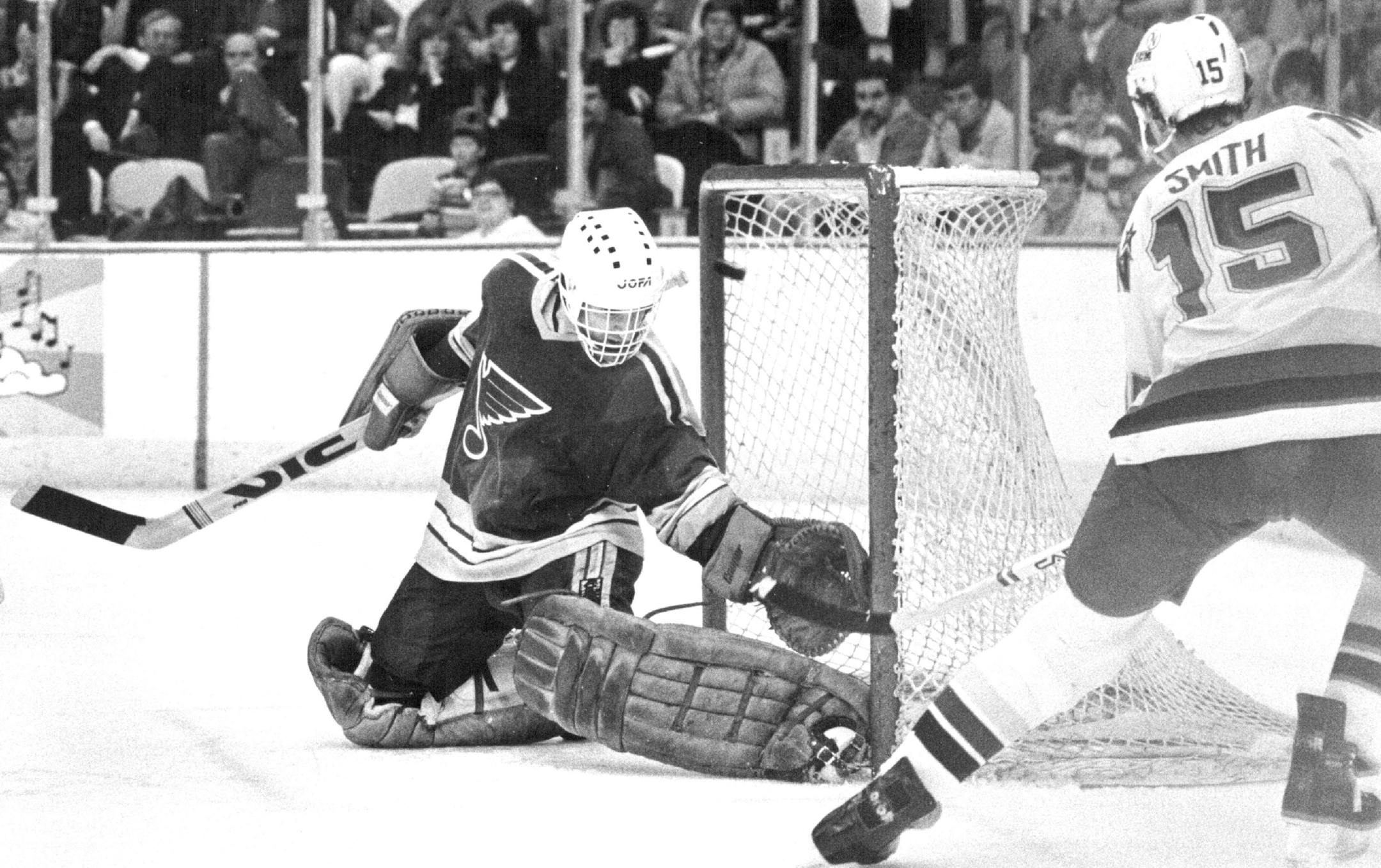 March 3, 1983 Bobby Smith knocked a rebound past St. Louis goalie Mike Liut for the North Stars' fourth goal Wednesday night at Met Center. Bobby Smith slipped puck past ST. Louis goalie to score 4th North star Goal - 3rd Period March 2, 1983 Bruce Bisping, Minneapolis Star Tribune