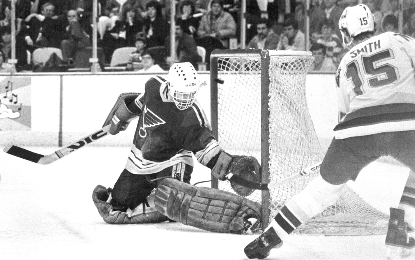 March 3, 1983 Bobby Smith knocked a rebound past St. Louis goalie Mike Liut for the North Stars' fourth goal Wednesday night at Met Center. Bobby Smith slipped puck past ST. Louis goalie to score 4th North star Goal - 3rd Period March 2, 1983 Bruce Bisping, Minneapolis Star Tribune