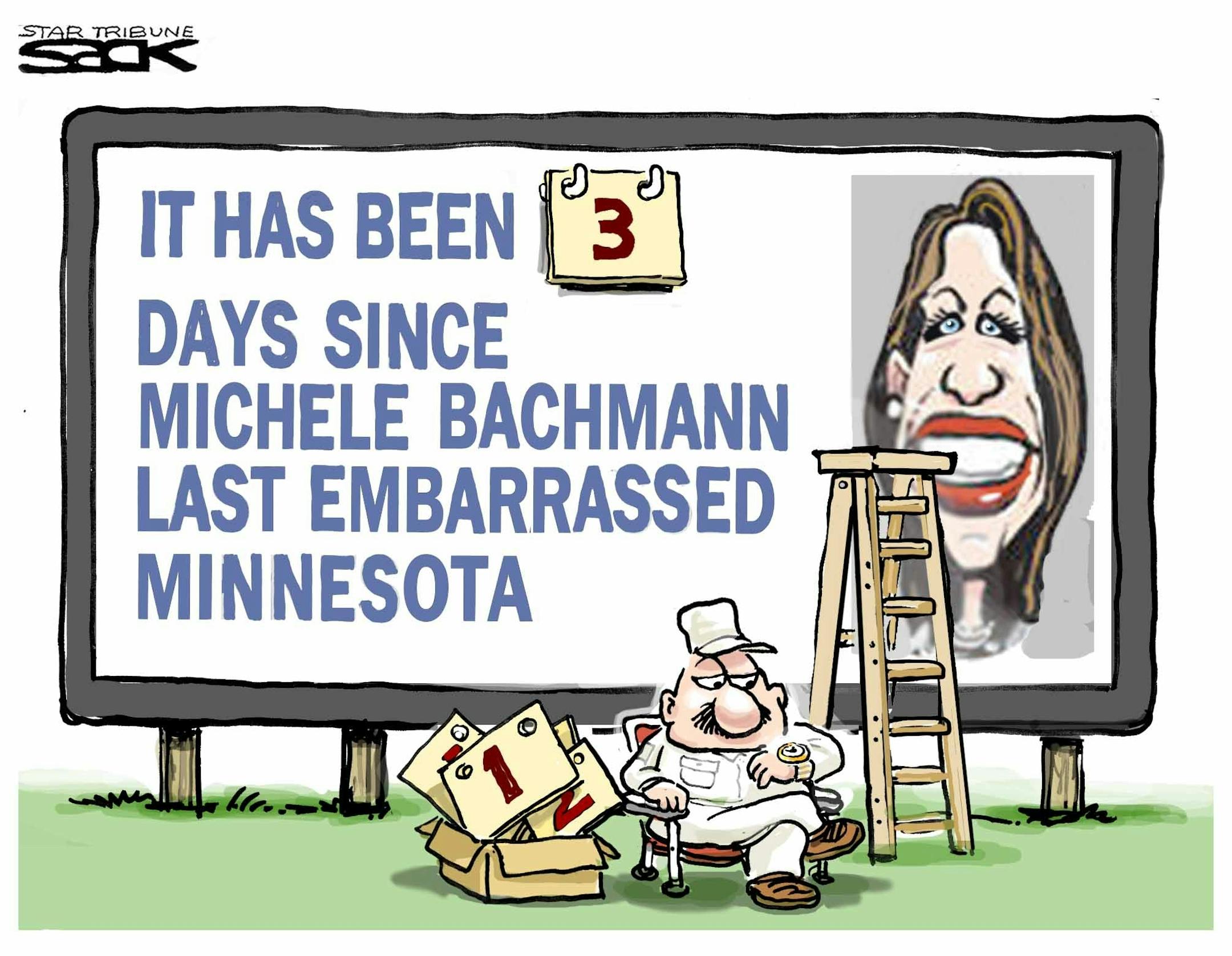Steve Sack editorial cartoon for July 25, 2012. Topic: Another Michele Bachmann gaffe.