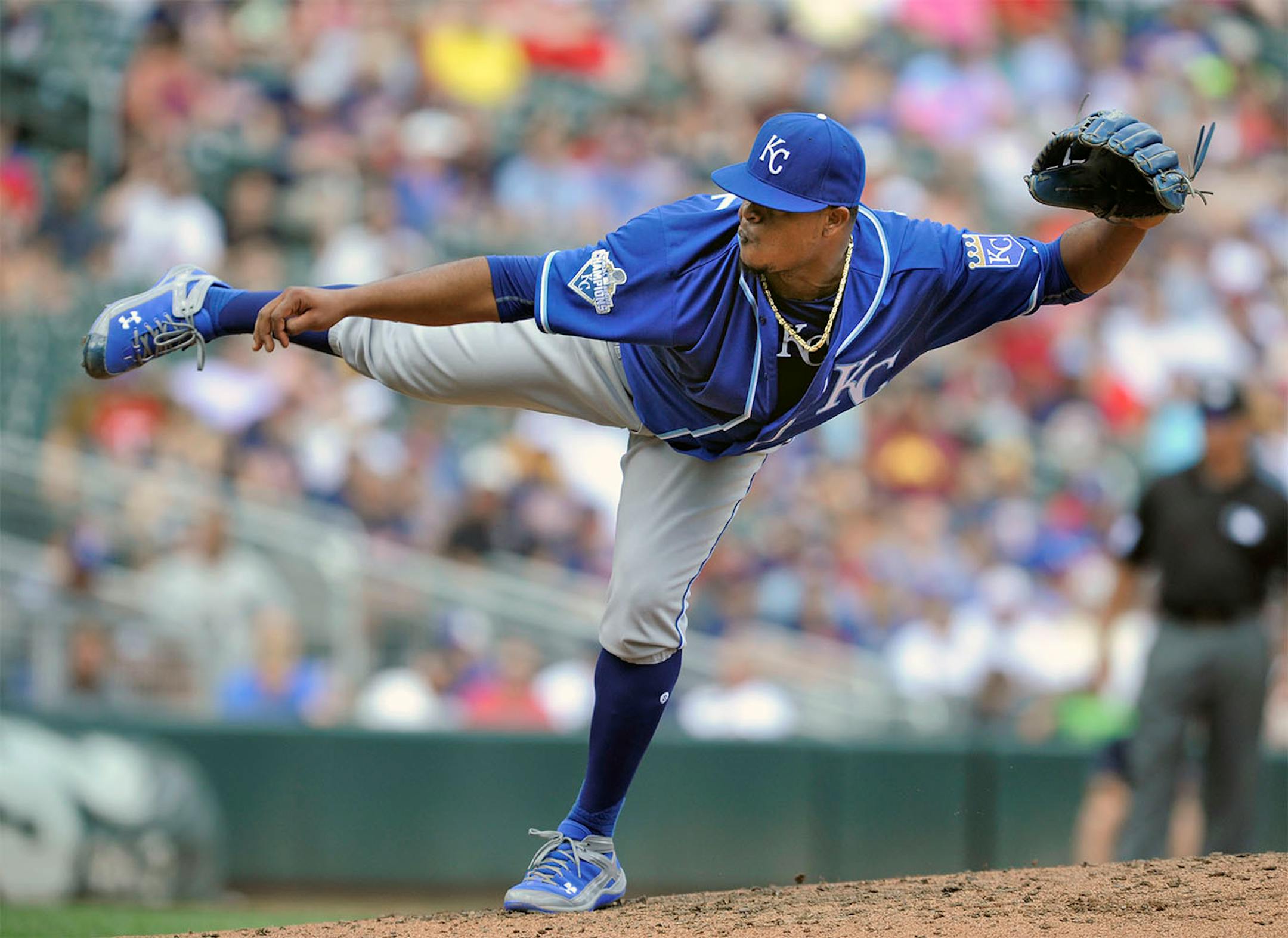 Kansas City Royals pitcher Edinson Volquez throws against the Minnesota Twins in the fourth inning Sunday, Aug. 14, 2016, in Minneapolis.