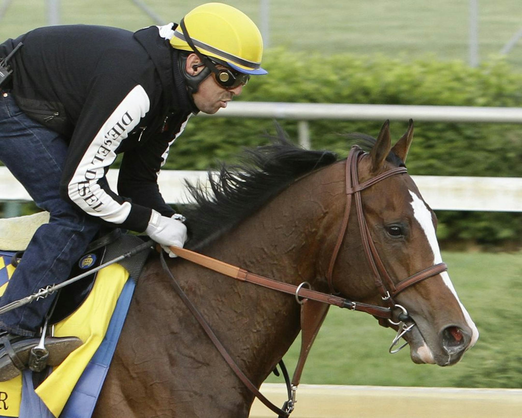 Exercise rider George Alvarez gallops Kentucky Derby hopeful Bodemeister at Churchill Downs in Louisville, Ky., Saturday, April 28, 2012.