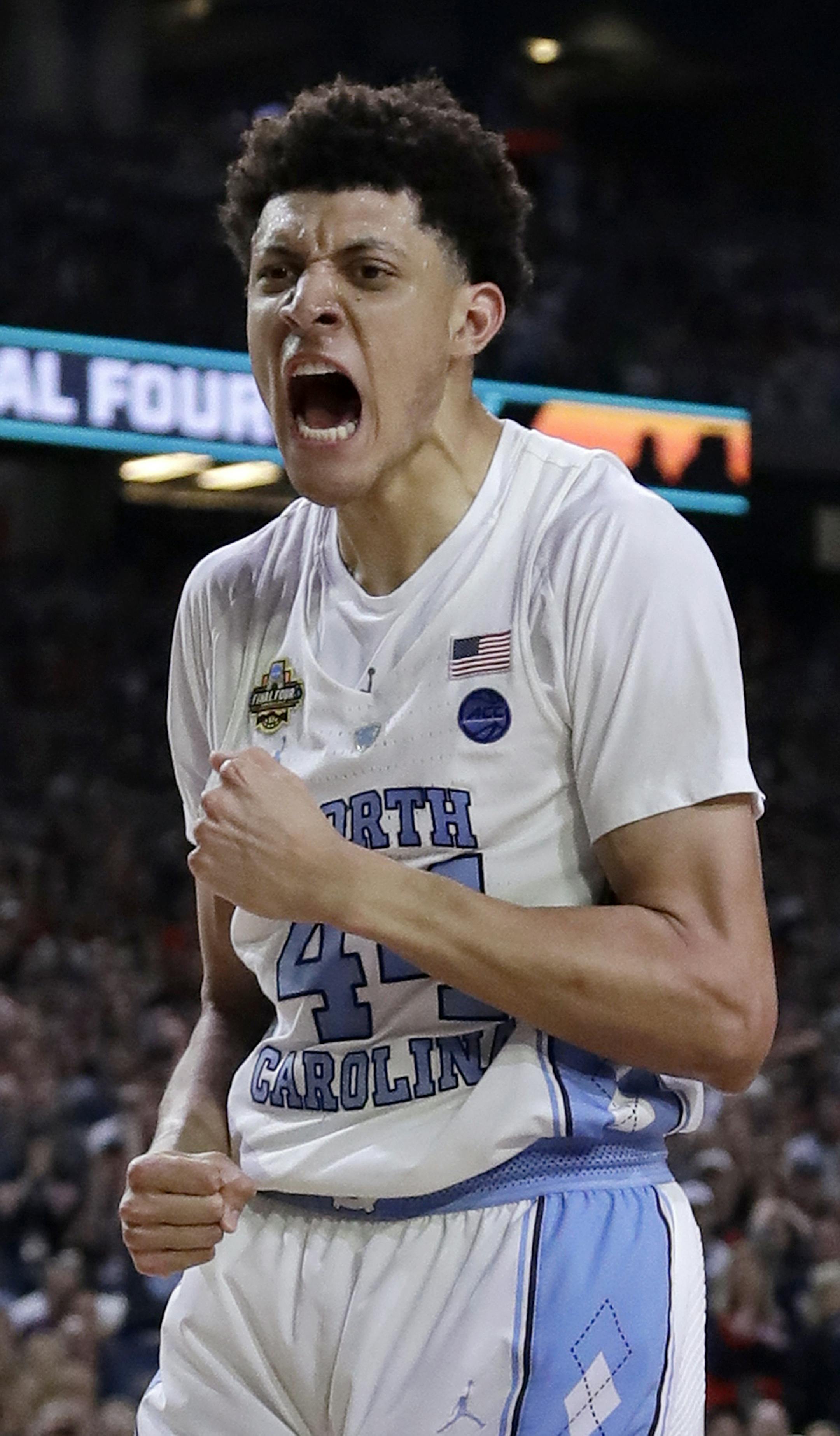North Carolina's Justin Jackson (44) reacs after making a shot during the second half in the finals of the Final Four NCAA college basketball tournament against Gonzaga, Monday, April 3, 2017, in Glendale, Ariz. (AP Photo/David J. Phillip)
