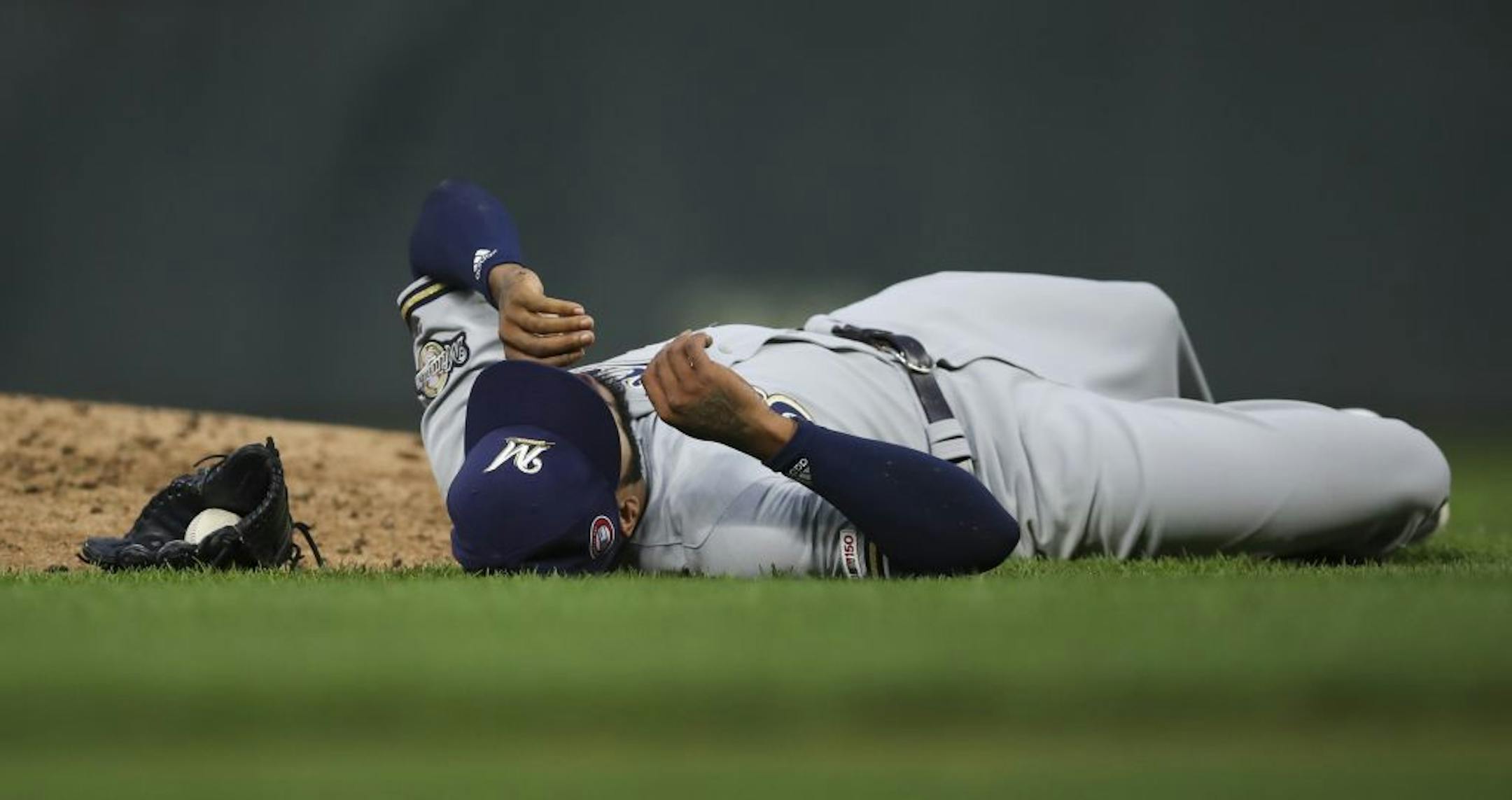 Milwaukee Brewers relief pitcher Jeremy Jeffress was on the ground after snaring a line drive from Twins catcher Willians Astudillo in the fifth inning that nearly hit him in the head.