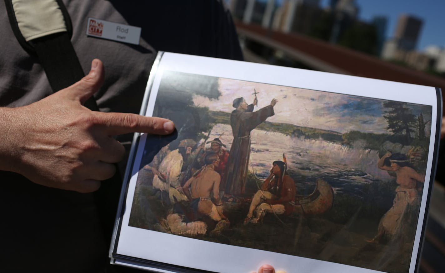 Tour guide Rod Richter speaks about the explorations of Fr. Antoine Hennepin who helped bring the Saint Anthony Falls in what is now Minneapolis, the only waterfall on the Mississippi River to the worlds attention.