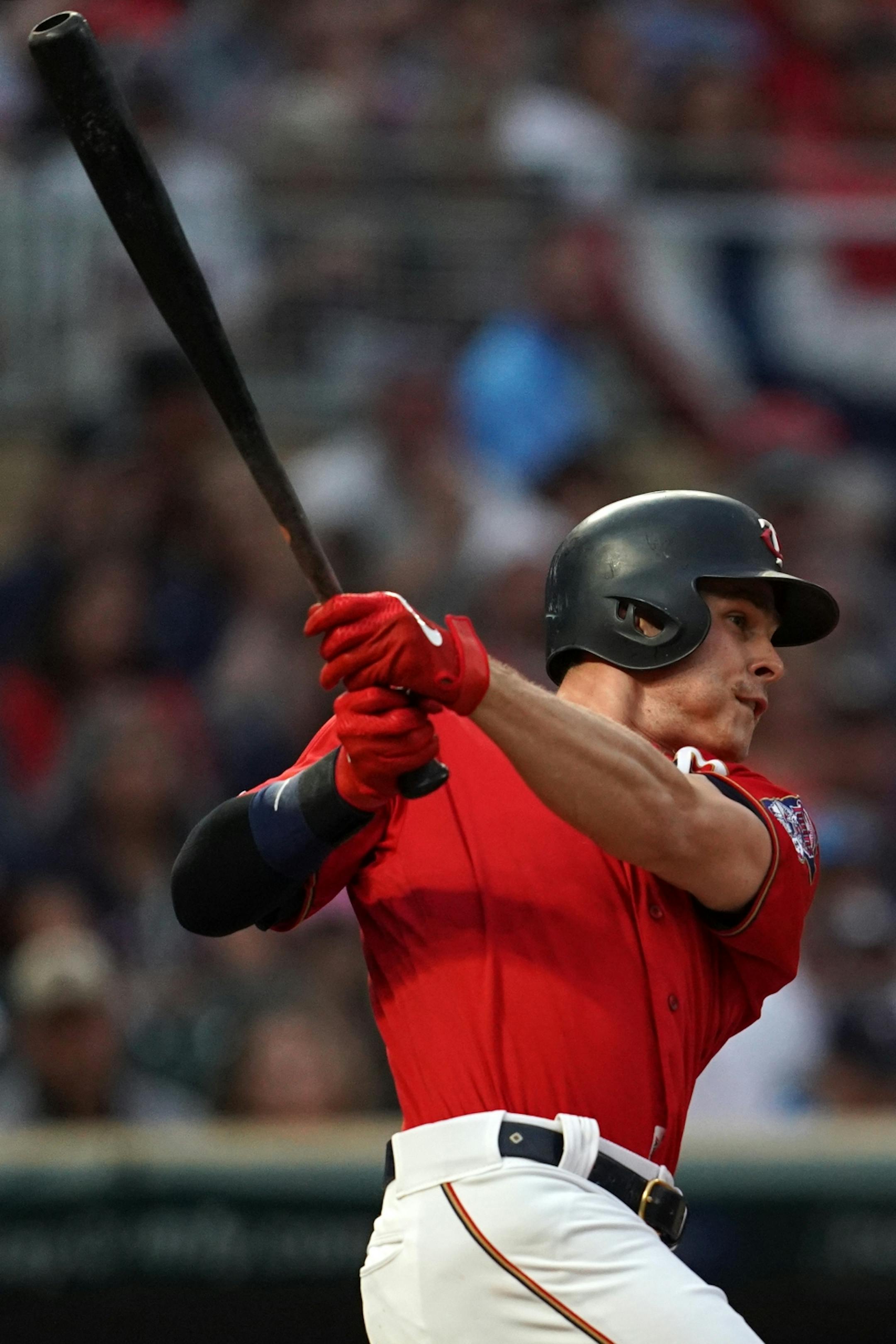 Minnesota Twins right fielder Max Kepler (26) watched after connecting with the ball in the first inning.
