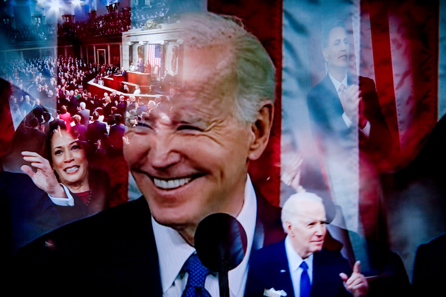 FILE — A multiple exposure image from a video broadcast in Los Angeles of President Joe Biden and Vice President Kamala Harris during the State of the Union Address in the U.S. Capitol, on Feb. 7, 2023. "If Biden runs again, Harris will be his running mate. Try to imagine him starting off a second-term campaign by dumping the first female vice president. Who also happens to be the first vice president of Black or Asian descent.," writes New York Times columnist Gail Collins. (Mark Abramson/The New York Times)