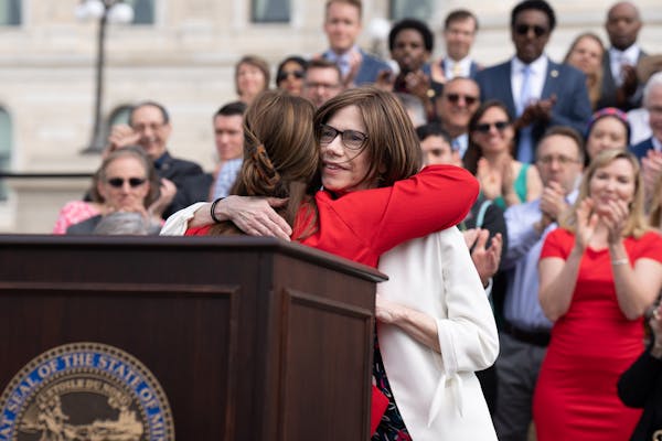 Senate Majority Leader Kari Dziedzic, DFL-Minneapolis, got a hug from Lt. Gov. Peggy Flanagan.