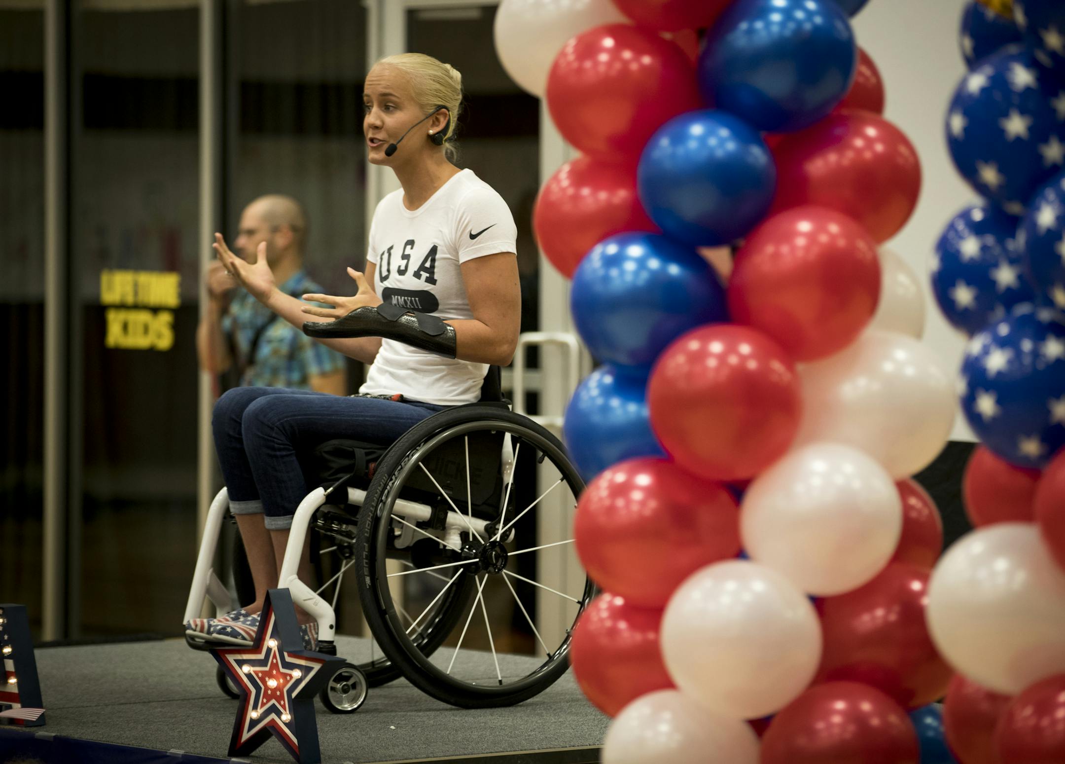 Mallory Weggemann spoke at a Rio send off party at Lifetime Fitness in Lakeville, Minn., on August 25, 2016. ] RENEE JONES SCHNEIDER • renee.jones@startribune.com A medalist at the 2012 London Paralympics, Weggemann will swim seven events in Rio.