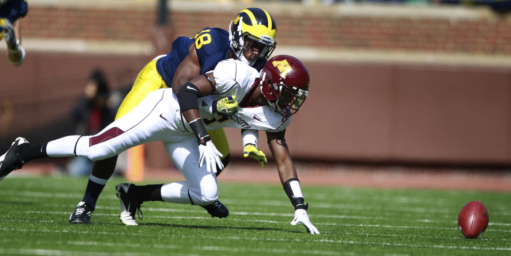 Michigan's Blake Countess stripped the ball away from the Gophers' Brandon Green in the second quarter,