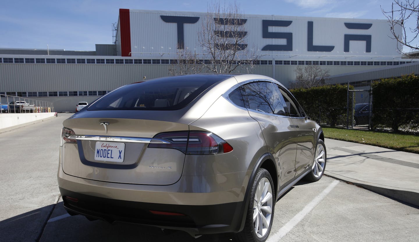 The beta version of the Tesla Model X -- a 7 passenger SUV at Tesla's Factory in Fremont, California, on Thursday, February 23, 2012. The company is marketing the car to women. (Patrick Tehan/San Jose Mercury News/MCT)