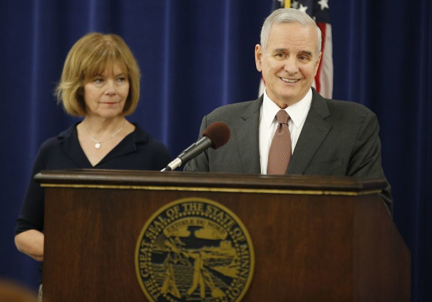 Gov. Mark Dayton addresses the need for a special one-day session at the State Capitol in St. Paul, Minn., Wednesday, June 1, 2016. Lt. Gov. Tina Smith answered some questions as well. (Richard Tsong-Taatarii /Star Tribune via AP) MANDATORY CREDIT; ST. PAUL PIONEER PRESS OUT; MAGS OUT; TWIN CITIES LOCAL TELEVISION OUT