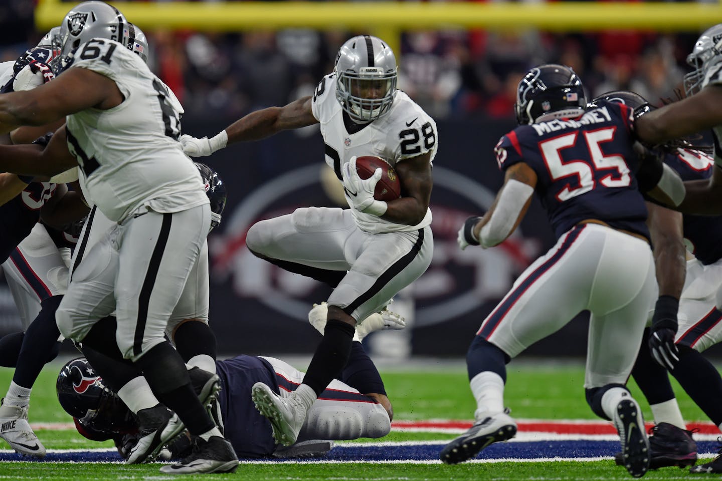 Oakland Raiders running back Latavius Murray (28) carries the ball against the Houston Texans in the second quarter of the AFC Wild Card Playoff at NRG Stadium in Houston, Texas, on Saturday, Jan. 7, 2017. The Texans won, 27-14. (Jose Carlos Fajardo/Bay Area News Group/TNS) ORG XMIT: 1195715