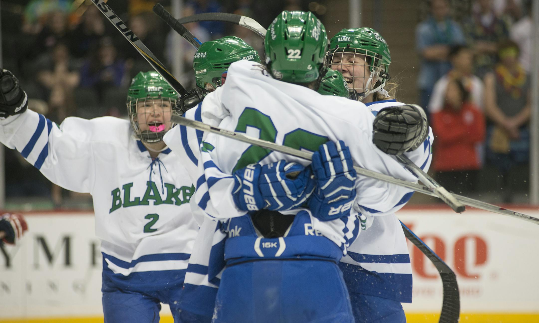 Blake celebrates a first period goal scored by Carly Bullock during the Girls' Class 1A State Hockey Championship, Feb. 20, 2016, at the Xcel Energy Center in St. Paul, MN. ] (Matthew Hintz, 022016, St. Paul)