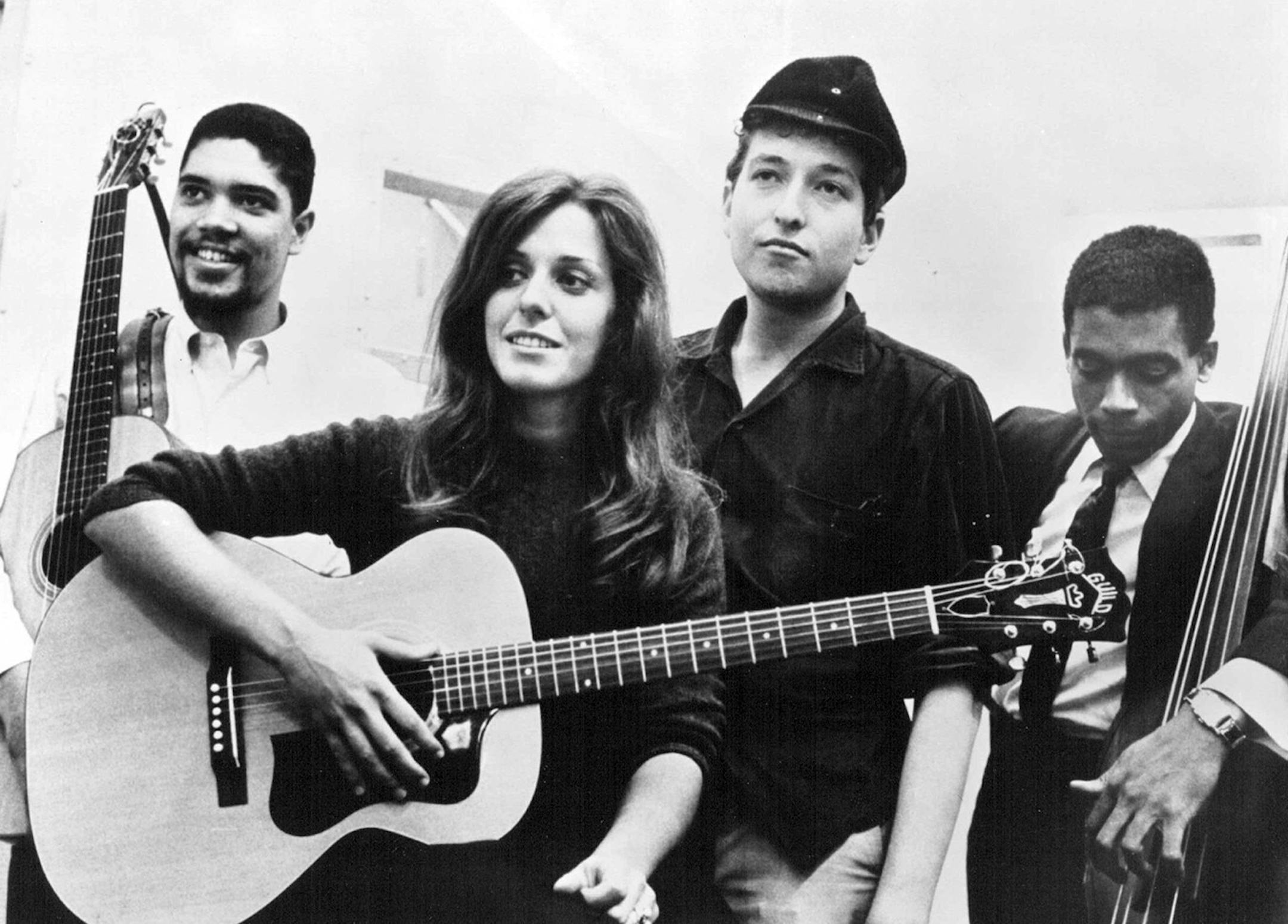 October 29, 1999 Troubadours of the Folk Era -- (L to R: Bruce Langhorne, Carolyn Hester, Bob Dylan, Bill Lee from a recording session 5/26 for "I'll Fly Away." contained on Vol 1: Troubadours of the Folk Era.