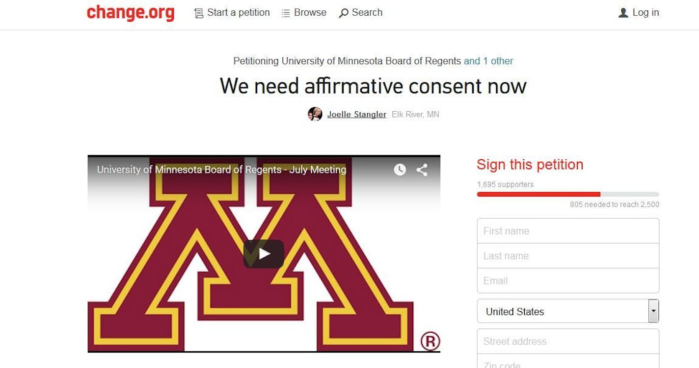 A student-driven online petition has garnered more than 1,600 signatures pressing for an affirmative consent policy to be in place at the University of Minnesota before classes begin on Sept. 8.