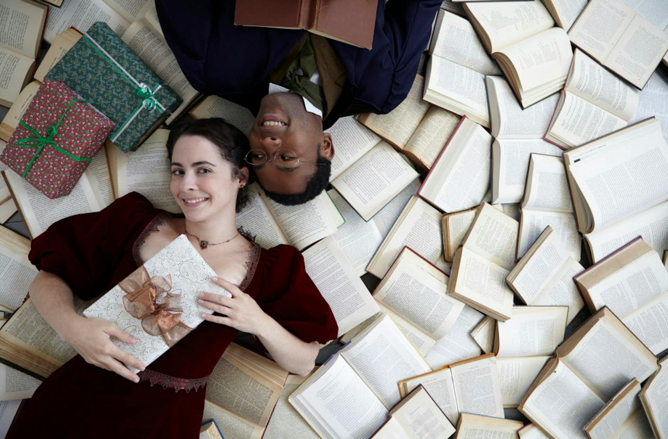 Mary Bennet (Christian Bardin) and Arthur de Bourgh (JuCoby Johnson) in "Miss Bennet: Christmas at Pemberley."