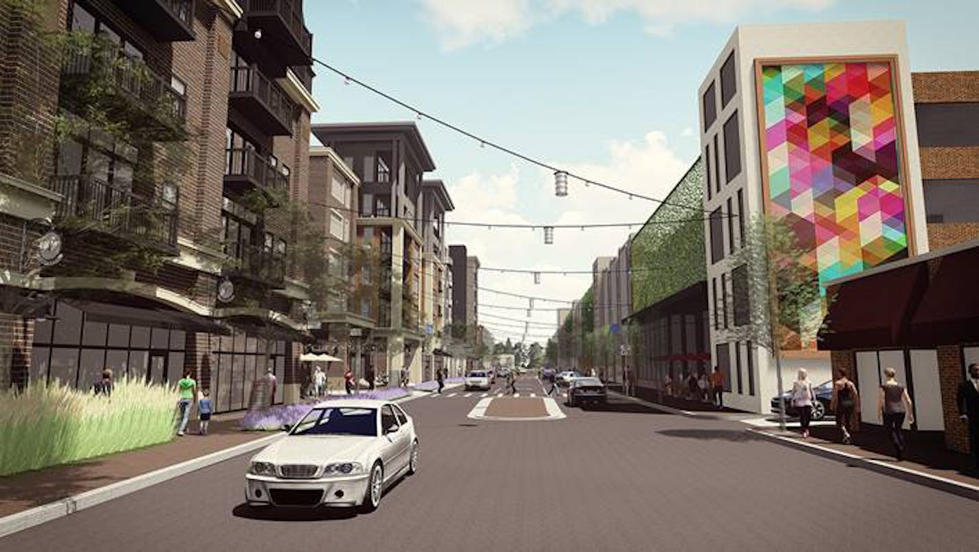 Rendering of proposed redevopment looking west down 49 1/2 Street (soon to be renamed Market Street). (Rendering provided by Mohagen Hansen Architecture.)